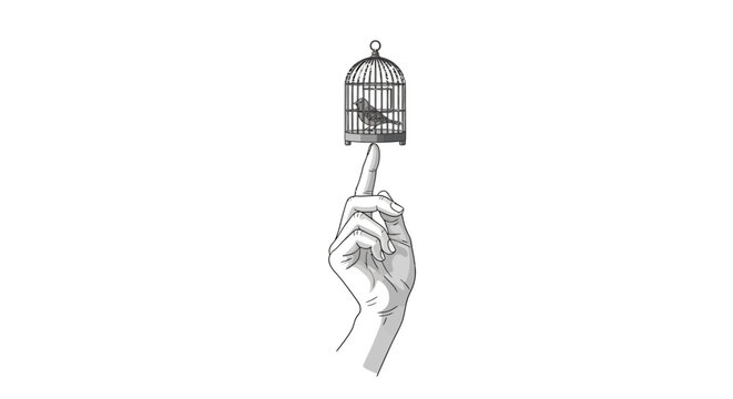 Hand balancing birdcage and bird: minimalist symbol of freedom and constraints