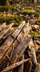 Fototapeta premium A close-up photograph that captures the texture and color of the wood chips, revealing the intricate details of their weathered surface.