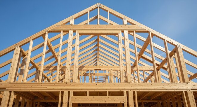 A wooden house frame under construction, against a clear, bright, blue sky