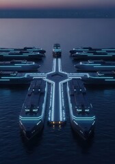 Fototapeta premium Futuristic luxury yachts are docked along a symmetrical illuminated pier at twilight.