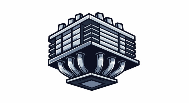 Stylized isometric depiction of a cooling fan unit with pipes