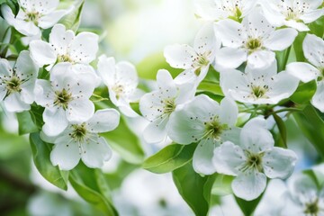 Fototapeta premium Beautiful White Flowers Bloom on Green Branches Under Clear Sky in Spring Season