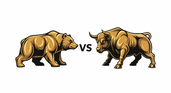 Stylized golden bear and bull face each other, separated by "VS" text