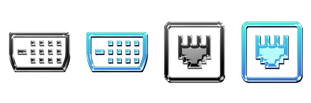 Set of 3D liquid glass dvi and ethernet off icon isolated on transparent background, symbols for Computer ports icon collection and design. Professional icon set illustration.