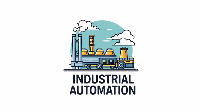 Stylized industrial factory with smokestacks emitting clouds, under a blue sky