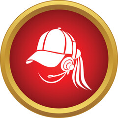 Fototapeta premium Call center operator wearing a headset and cap, providing customer service in a circular icon