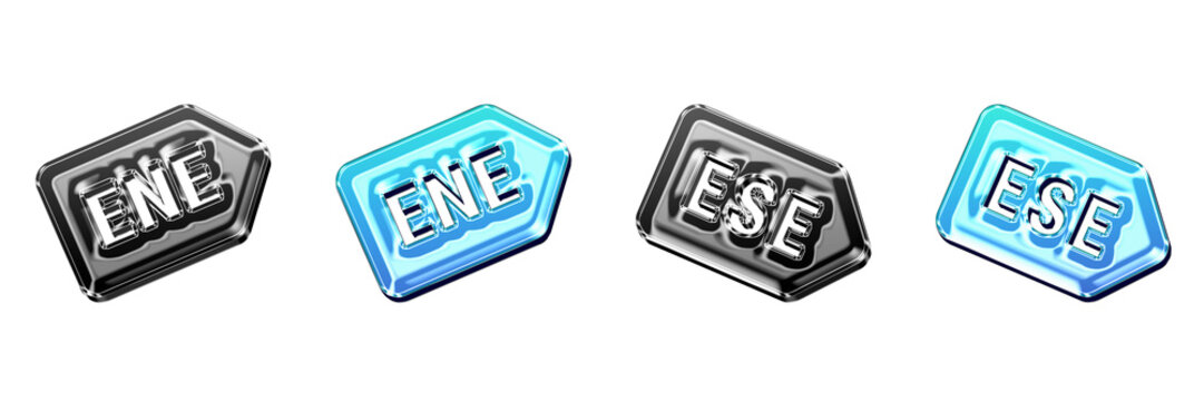 3D glossy icon set - east north east and east south east. Ordinal directions icon collection and design. 3D illustration on transparent background. High resolution 3D artwork.