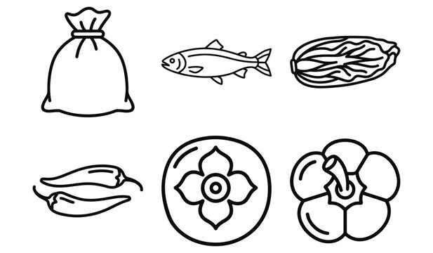 Collection of food and ingredient line art icons for culinary projects with persimmon ingredients culinary illustration