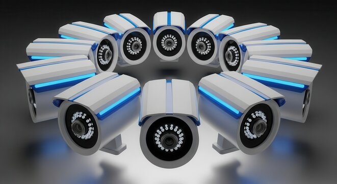 Multiple security cameras are arranged in a circular formation pointing inward against a dark background.