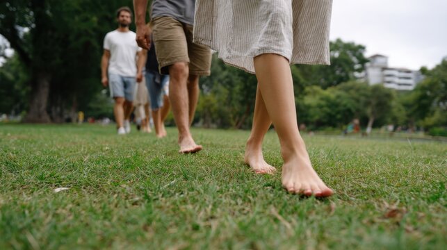 People walking barefoot on grass in park enjoying nature mindfulness and peace 