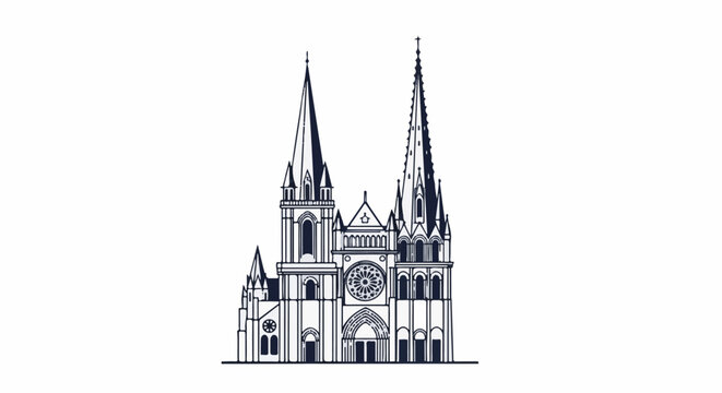 Striking line art of a grand cathedral with spires and rose window
