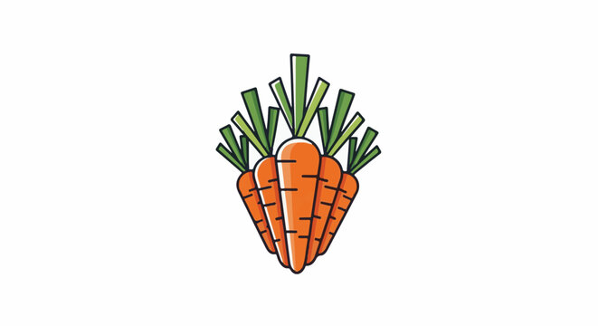 Stylized illustration of five bright orange carrots with green leafy tops arranged in a fan shape