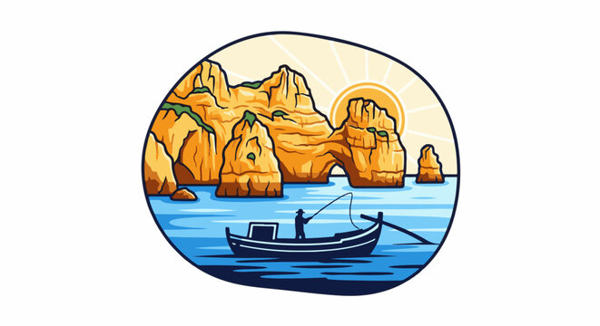 Solitary angler fishes from a boat near striking coastal rock formations under a bright, radiating sun
