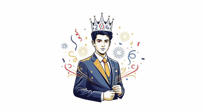 Stylish young man in a suit, adorned with a celebratory crown, surrounded by festive confetti and starbursts