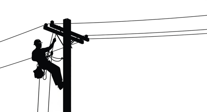 Utility Worker Climbing Electric Pole Silhouette Vector Illustration for Power Line Maintenance Safety Training Industrial Branding and Energy Sector Design