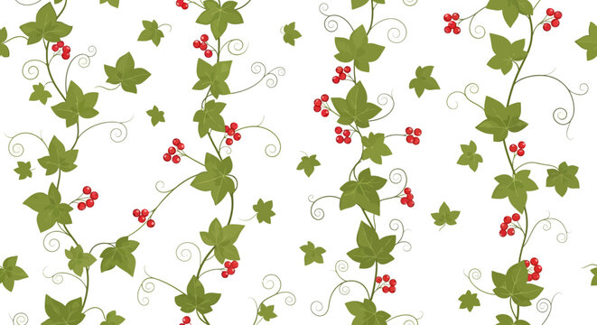 Seamless pattern of green ivy vines with red berries on white background