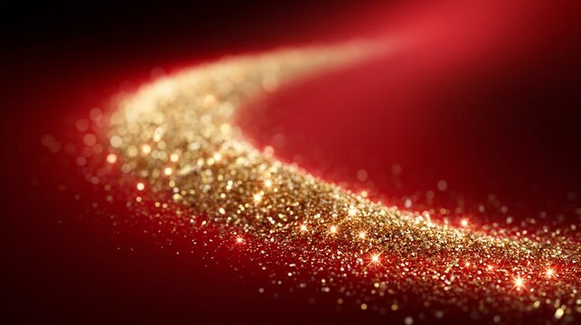 Goldener Glitzerstaub leuchtet auf einem tiefroten Hintergrund und bildet eine elegante geschwungene Linie.