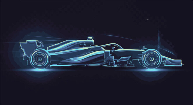 Sleek, neon-outlined race car glides through the night with a checkered flag motif