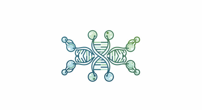Stylized double helix with radiating molecule chains and spheres