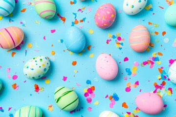 Fototapeta premium Colorful Eggs and Confetti Scattered on a Blue Background During a Spring Celebration