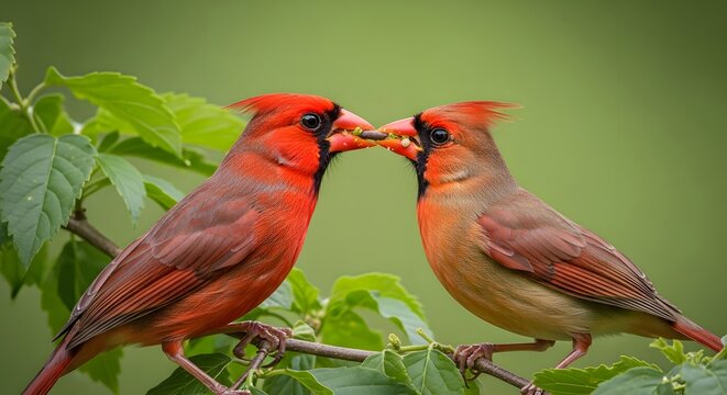 Two Northern Cardinals sharing a moment on a leafy branch.
