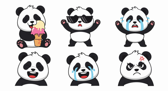 Six cute cartoon pandas express a range of emotions, from joy and sadness to anger and cool indifference
