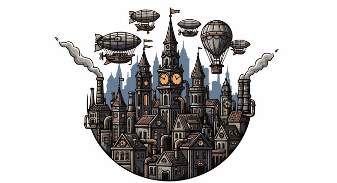 Steampunk city with blimps and hot air balloons floating above industrial buildings