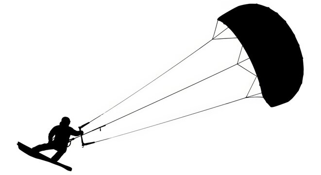 Silhouette of a person kitesurfing on a board against a white background
