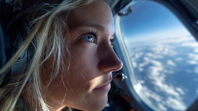 Junge blonde Frau blickt aus dem Cockpitfenster eines Flugzeugs auf die Erdoberfl&auml;che