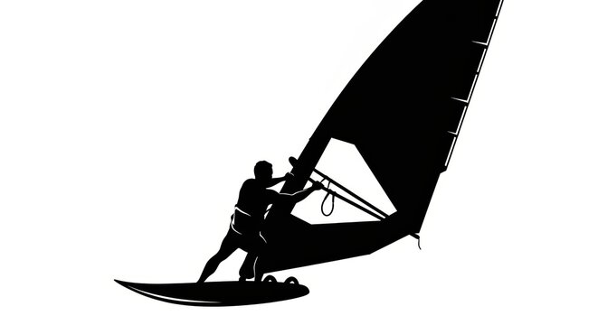 Silhouette of a windsurfer gliding across the water with a large sail catching the wind.