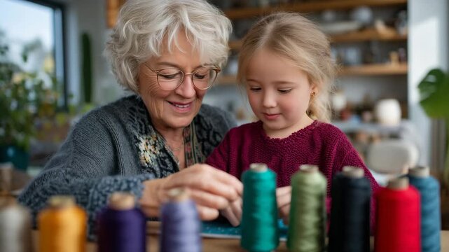 354Grandmother teaches granddaughter traditional embroidery stitches at dining table, colorful thread spools arranged in afternoon window light, perfect for textile arts mentorship, n