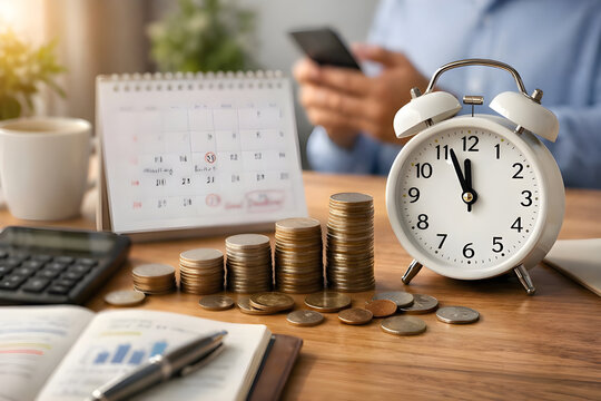 Financial Planning Concept with Alarm Clock Stacks of Coins and Calendar on Desk
