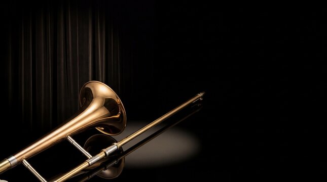 Golden trombone resting on a reflective stage floor before theater curtains