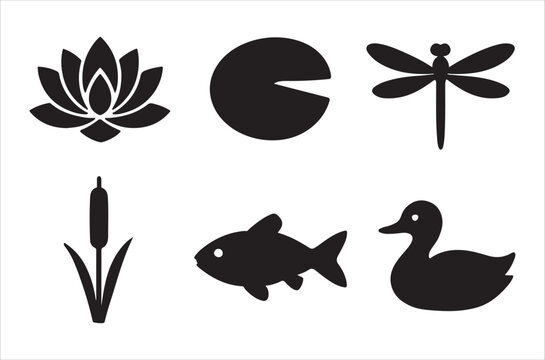 Minimalist black silhouettes of a pond ecosystem with various creatures