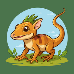 Fototapeta premium cute lizard character with orange scales and green mohawk for tropical wildlife theme and adorable reptile mascot for children storybooks and stickers