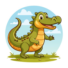 Fototapeta premium cute alligator character standing on green meadow for tropical wildlife theme and adorable reptile mascot design for kids storybooks and posters decor