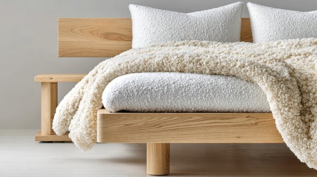 Minimalist wooden bed frame with cozy textured bedding and plush pillows. View of a modern, light wood bed featuring a fluffy white blanket and matching pillows, evoking comfort and simplicity