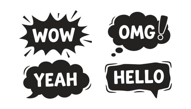 Speech bubbles with words wow omg yeah hello comic style transparent vector.