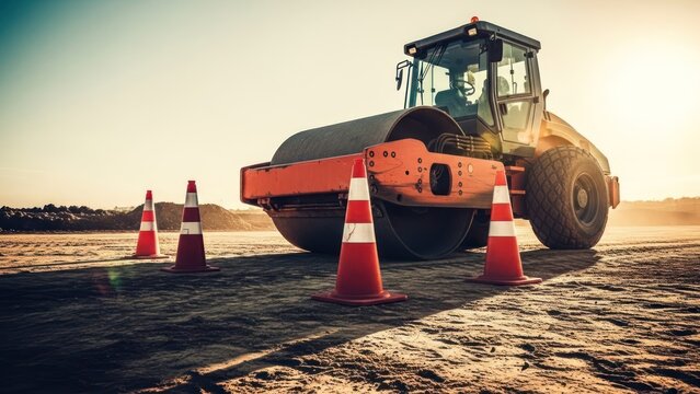 Heavy roller on asphalt with safety cones at construction site under bright sunlight