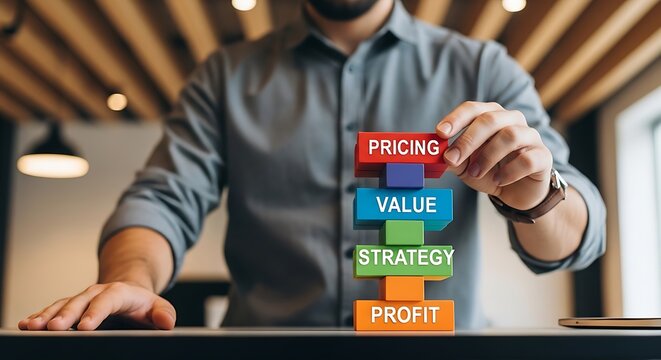 Casual professional man stacking colorful vibrant wooden text blocks symbolizing creative pricing value and strategic profit building