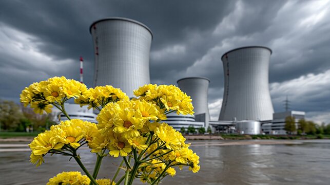 Rapsfeld mit gelben Bl&uuml;ten im Vordergrund und K&uuml;hlt&uuml;rmen eines Kraftwerks unter bew&ouml;lktem Himmel im Hintergrund
