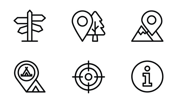 Set of travel navigation location pin map icons with location navigation wayfinding signpost mountain information tracking