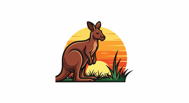 Stylized brown kangaroo with a sunset backdrop and green grass