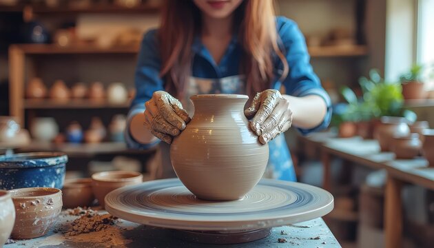 A woman's hands skillfully shaping a clay vase on a pottery wheel in a well-lit studio.