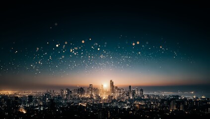 Obraz premium City skyline at night with a bright sun in the sky. The city is lit up with lights and the sun is shining brightly