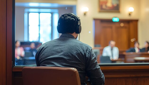 A person wearing headphones sits in a soundproof booth, observing a courtroom proceeding through a glass window.