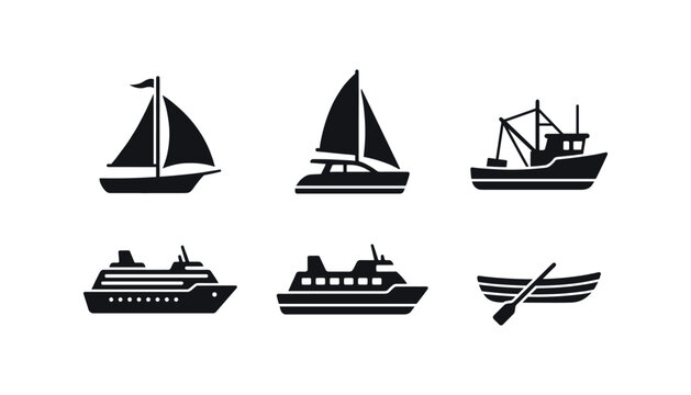 Collection of transparent vector boat icons isolated on white background sailing ship fishing boat yacht cruise ship rowboat.