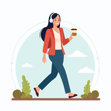 Woman Walking with Headphones and Coffee