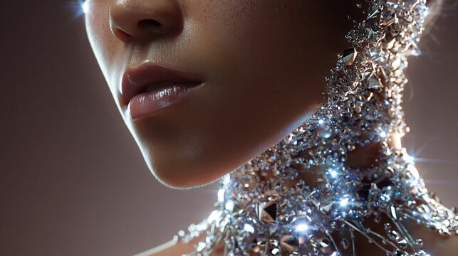 Elegantes dunkelh&auml;utiges Frauenmodel mit glitzernden Kristallverzierungen an Hals und Schulter