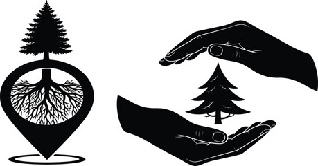 Fototapeta premium Tree with Roots Inside Location Pin and Hands Protecting Small Fir Tree vector illustration